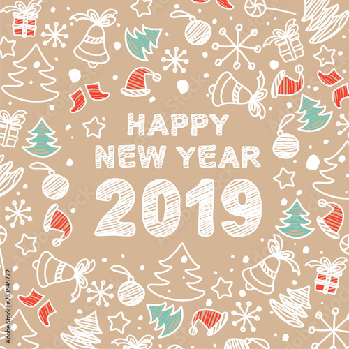 Happy new year. Lettering for New Year greeting card. Symbols of the new year in the style of the doodle on a beige background.
