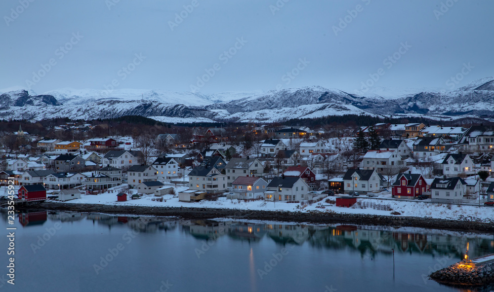 After sunset from Bronnoysund Bridge, overlooking the city, Northern Norway