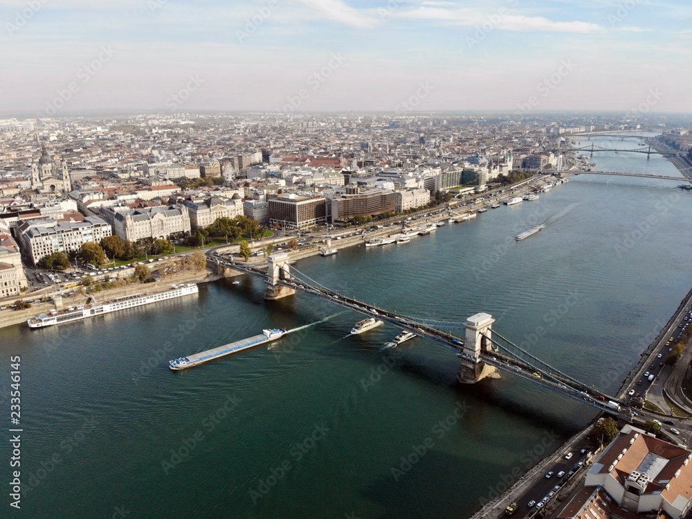 Fototapeta premium view of Budapest and the Danube and parliament from a bird's-eye view