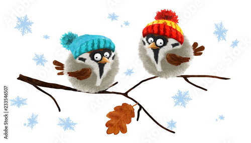 Two funny fluffy sparrows in colored hats. Hand drawn watercolor
