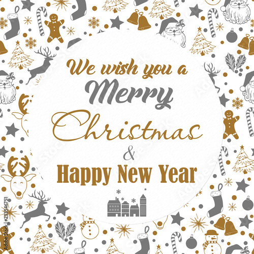 Christmas seamless gray and gold pattern on white background with deer, snowman, candy, sock, star, snowflake with text we wish you a Merry Christmas and Happy New Year