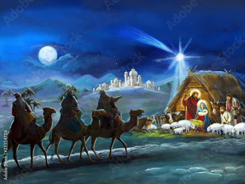 Obraz na plátně religious illustration three kings - and holy family - traditional scene - illus