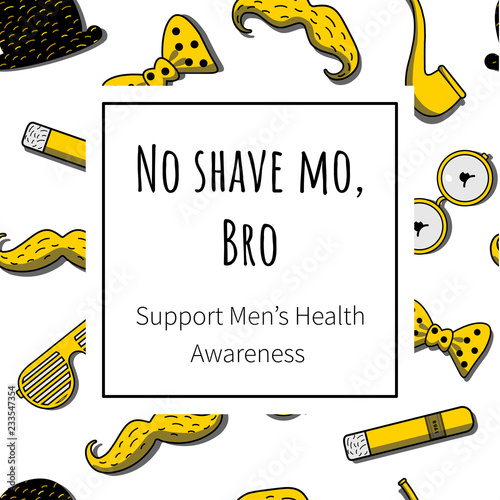 Vector illustration card with text No Shave Mo, Bro. Support Men's health Awareness. Bright background with flat icons 