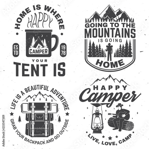 Set of Happy camper outdoor adventure symbol. Vector. Concept for shirt or logo, print, stamp or tee.