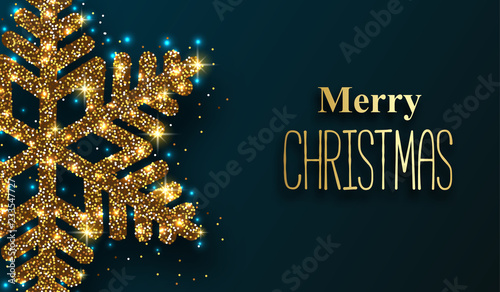 Merry Christmas festive poster with golden shiny snowflake.