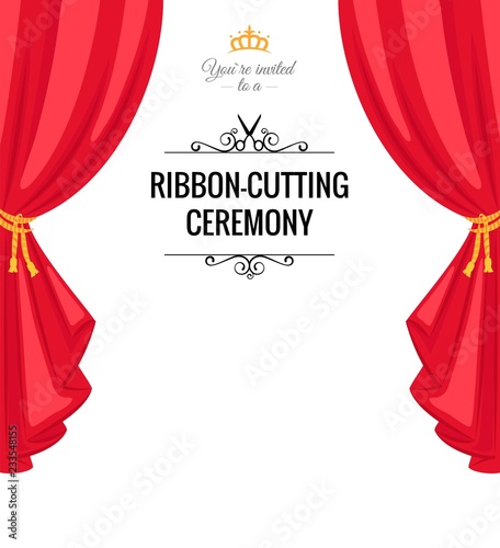 Ribbon-cutting ceremony poster with  red curtains. Vector illustration