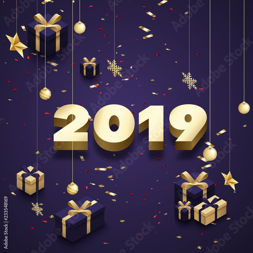 Happy New Year 2019 greeting card with golden 3d gifts.