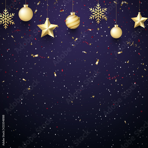 Christmas and New Year background with golden Christmas balls and confetti.