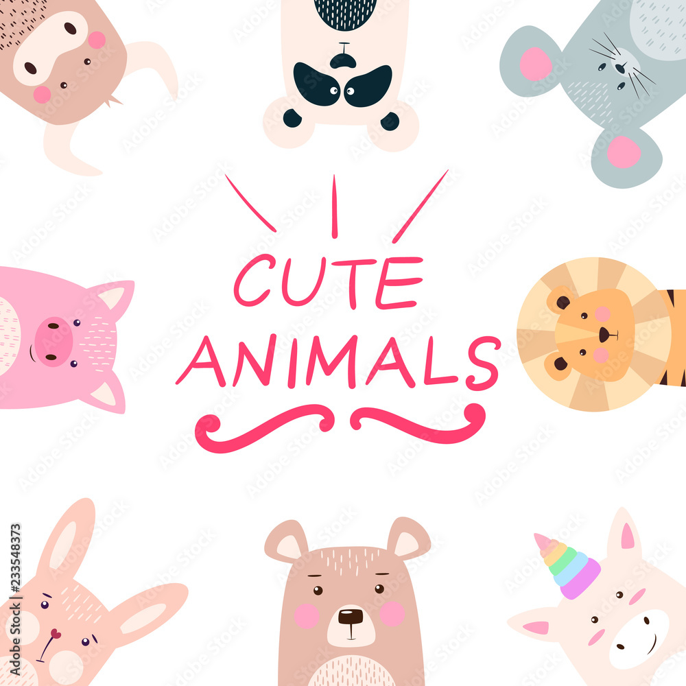 Obraz premium Set animals - panda, rhino, lion, bear, rabbit, unicorn, pig, mouse, cow.
