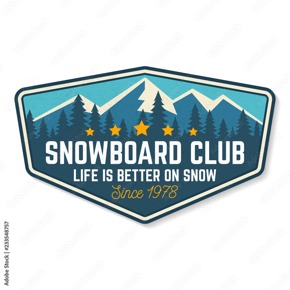 Snowboard Club patch. Vector illustration. Concept for shirt, print, stamp or tee. Design with forest and mountain silhouette. Extreme winter sport.