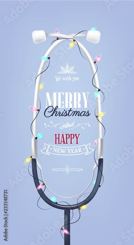 Merry christmas and Happy new year holiday medical background with stethoscope and christmas lights. Vector illustration