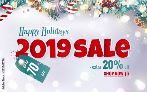 Big Christmas Sale banner with fir branches, berries and candies isolated on snowy background. Vector illustration