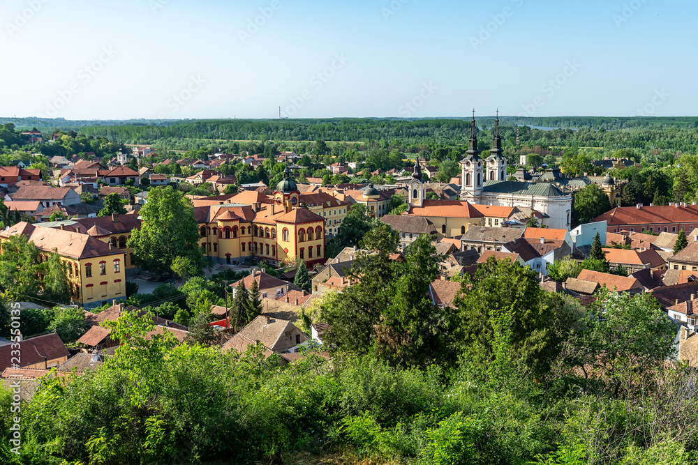 Sremski Karlovci, Serbia - May 2, 2018: Panorama of Sremski Karlovci. Panoramic view of The Gymnasium of Karlovci and St. Nicholas Cathedral