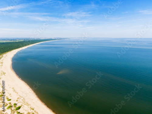 Aerial view of beach by the blue Baltic sea, near Vistula river mouth