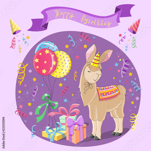 Illustration of a happy birthday. Lama with balloons, confetti and gifts. Pink background