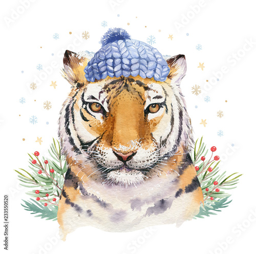 Merry Christmas watercolor lettering with isolated cute cartoon watercolor fun Siberian tiger illustration. Hand drawing new year holiday greeting card.