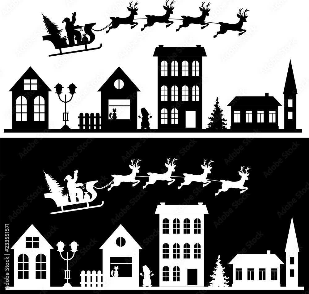 Merry Christmas and happy new year. A small town with Santa in the sky on a sleigh with deer. Paper art in digital style. Vector illustration set.