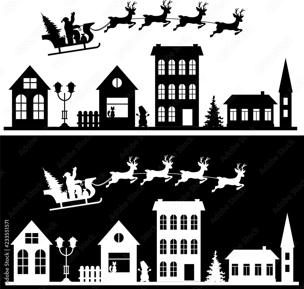 Merry Christmas and happy new year. A small town with Santa in the sky on a sleigh with deer. Paper art in digital style. Vector illustration set. Merry Christmas and happy new year. A small town with Santa in the sky on a sleigh with deer. Paper art in digital style. Vector illustration set.