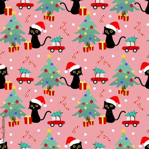Cute cat and Christmas seamless pattern.