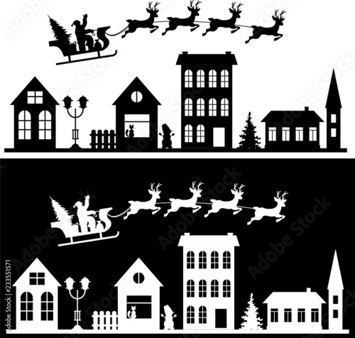 Merry Christmas and happy new year. A small town with Santa in the sky on a sleigh with deer. Paper art in digital style. Vector illustration set.