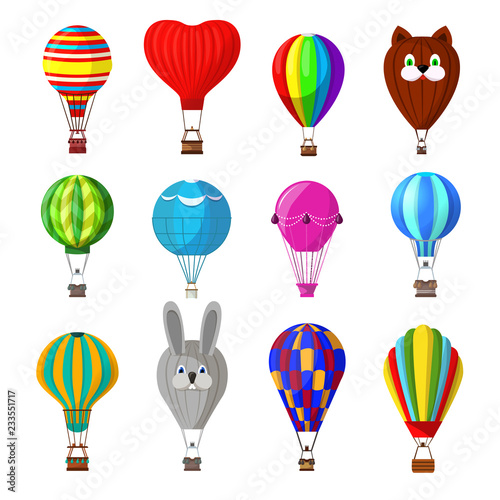 Balloon vector cartoon air-balloon or aerostat with basket flying in sky and ballooning adventure flight illustration set of ballooned traveling flying toy isolated on white background