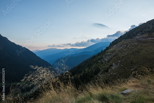 Landscape of peak Transfagarasan mountains from top at sunset