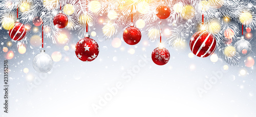 Christmas Decorations with Red Balls and Fir Branches. Vector