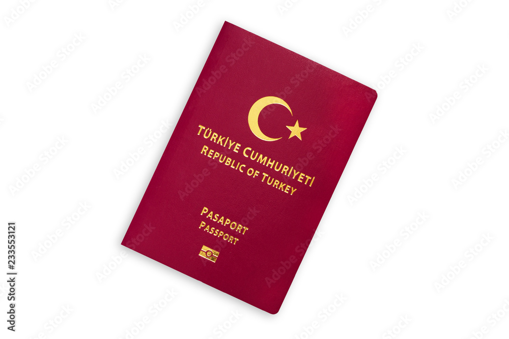 Republic of Turkey red passport isolated on white background Republic of Turkey red passport isolated on white background