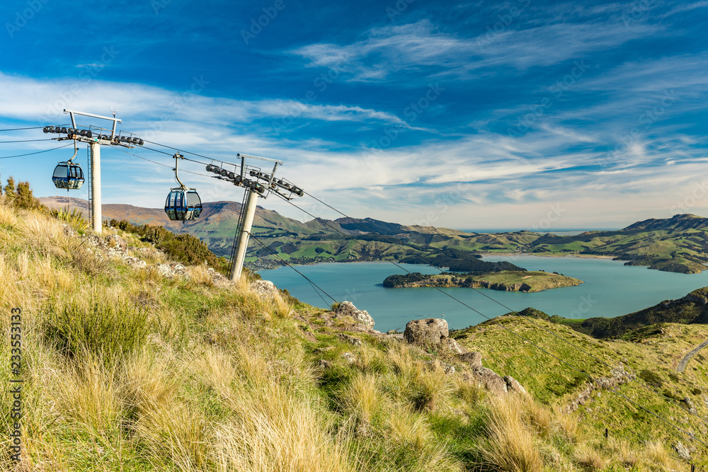 Christchurch Gondola and the Lyttelton port from Port Hills in New Zealand