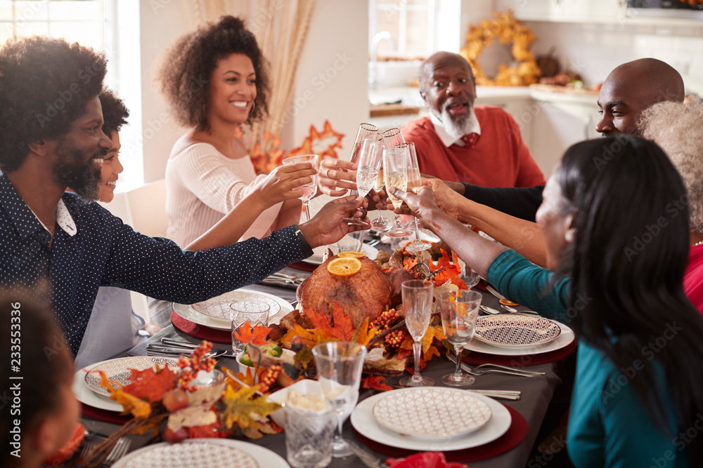 Obraz na plátně Multi generation mixed race family raise their glasses to make a toast at their