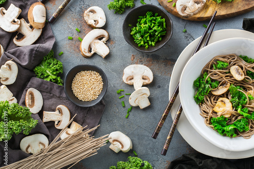 Buckwheat soba noodles soup ingredients for asian chinese japanese food