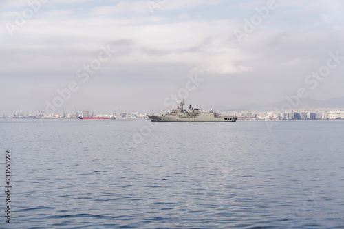 Greek frigade Hydra at sea, in Thessaloniki. The flagship of the Hellenic Navy, Greek Hydra-class frigade close to Thessaloniki waterfront, during national day military parade. © bestravelvideo
