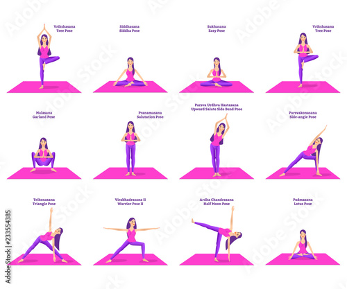 set of woman doing different yoga poses standing on pink mat, names of postures