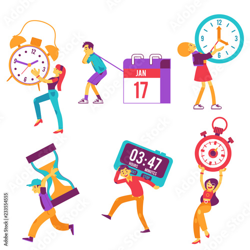 Vector funny characters holding symbols of time management in hands. Cute males, females carry wall clock, calendar planner, hourglass and stopwatch. Men, women managers and deadline symbols.
