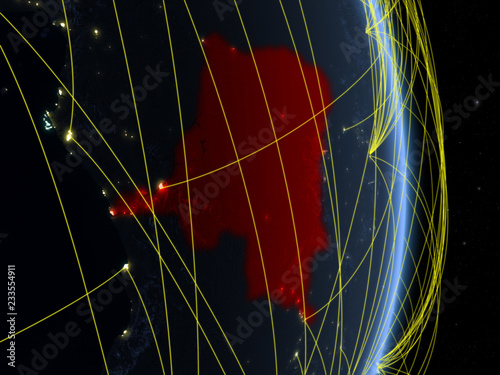 Dem Rep of Congo at night on planet planet Earth with network. Concept of connectivity, travel and communication.