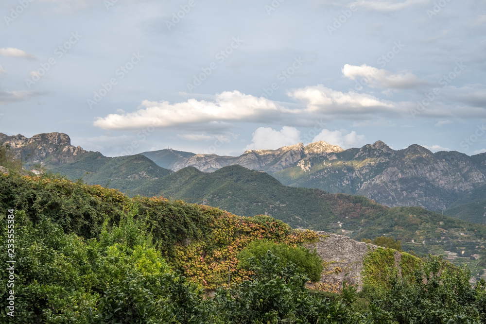 Ravello, Italy. View of the mountains from the crypt at the Gardens of Villa Cimbrone, Ravello on the Amalfi Coast in Southern Italy. 