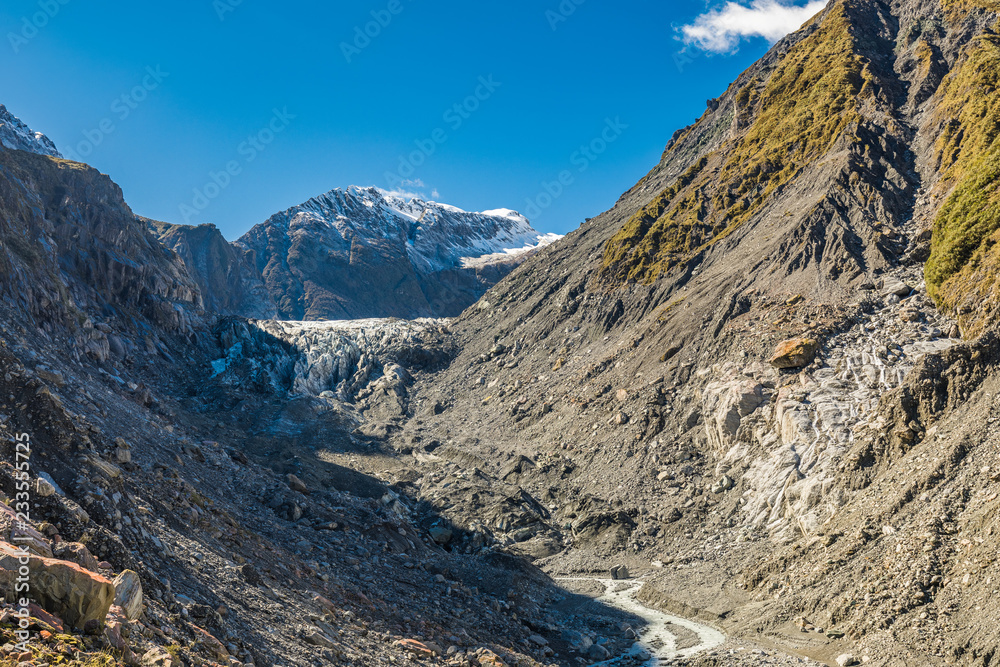 Mountain view of the glacier river and valley at Fox Glacier, West Coast, New Zealand