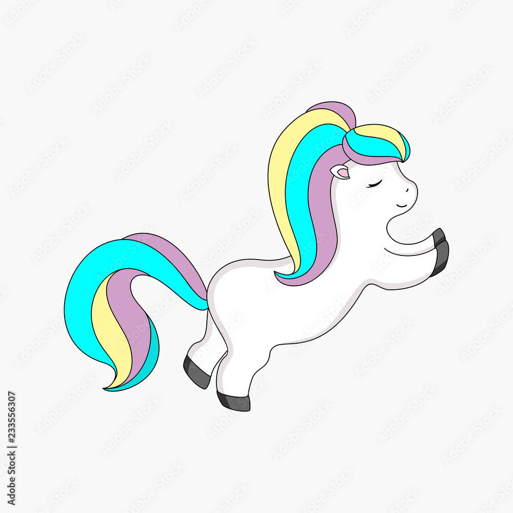Cartoon white pony with a multi-colored mane on a light gray background. Cartoon white pony with a multi-colored mane on a light gray background.