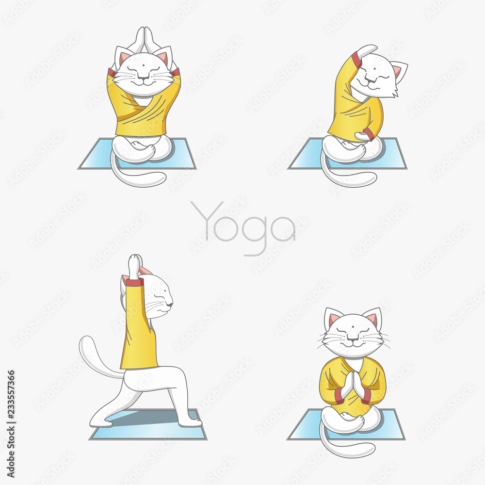 White cat in clothes is engaged in yoga on the rug in various poses. Set of illustrations on a white background. White cat in clothes is engaged in yoga on the rug in various poses. Set of illustrations on a white background.