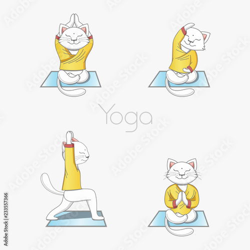 White cat in clothes is engaged in yoga on the rug in various poses. Set of illustrations on a white background.