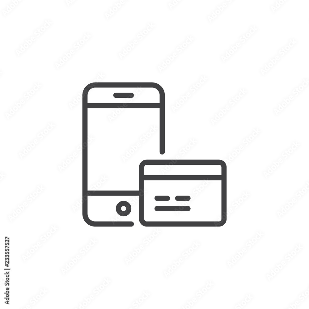 Mobile banking outline icon. linear style sign for mobile concept and web design. Smartphone and credit card simple line vector icon. Symbol, logo illustration. Pixel perfect vector graphics Mobile banking outline icon. linear style sign for mobile concept and web design. Smartphone and credit card simple line vector icon. Symbol, logo illustration. Pixel perfect vector graphics