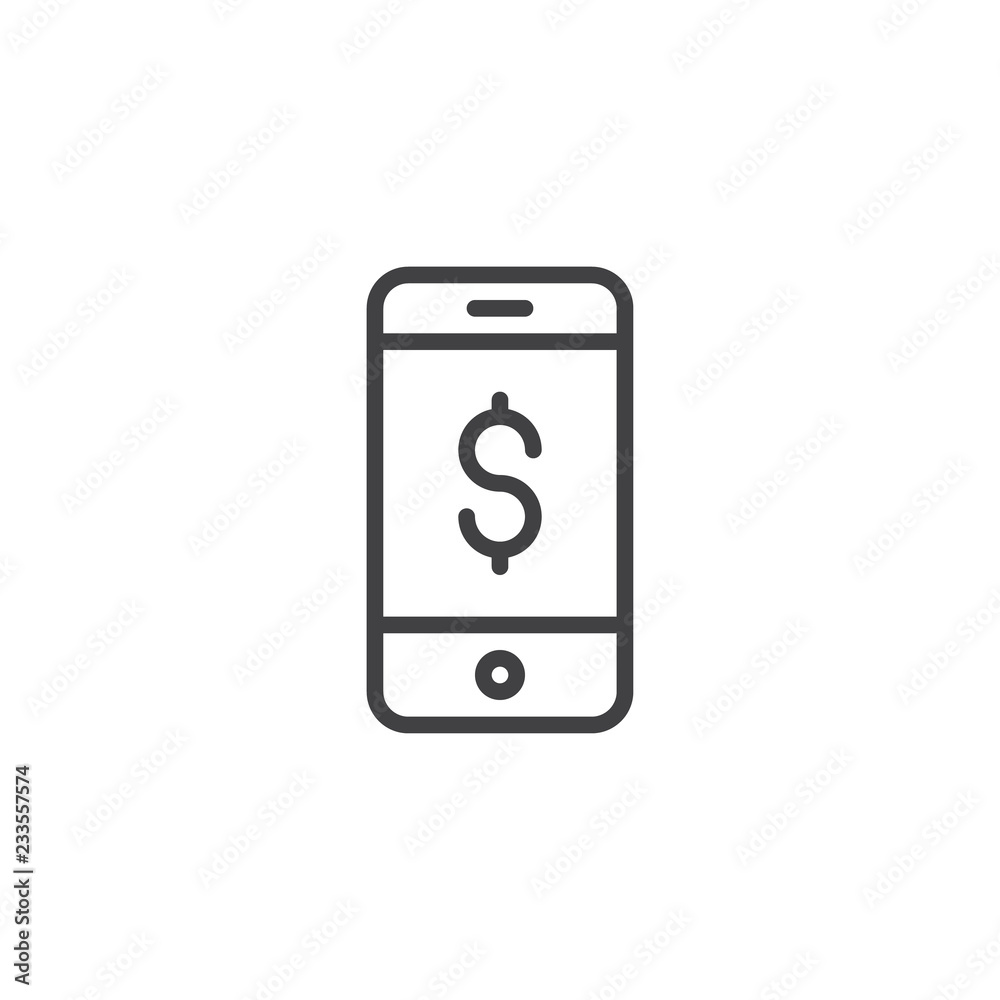 Phone with dollar outline icon. linear style sign for mobile concept and web design. Mobile financial banking simple line vector icon. Symbol, logo illustration. Pixel perfect vector graphics Phone with dollar outline icon. linear style sign for mobile concept and web design. Mobile financial banking simple line vector icon. Symbol, logo illustration. Pixel perfect vector graphics