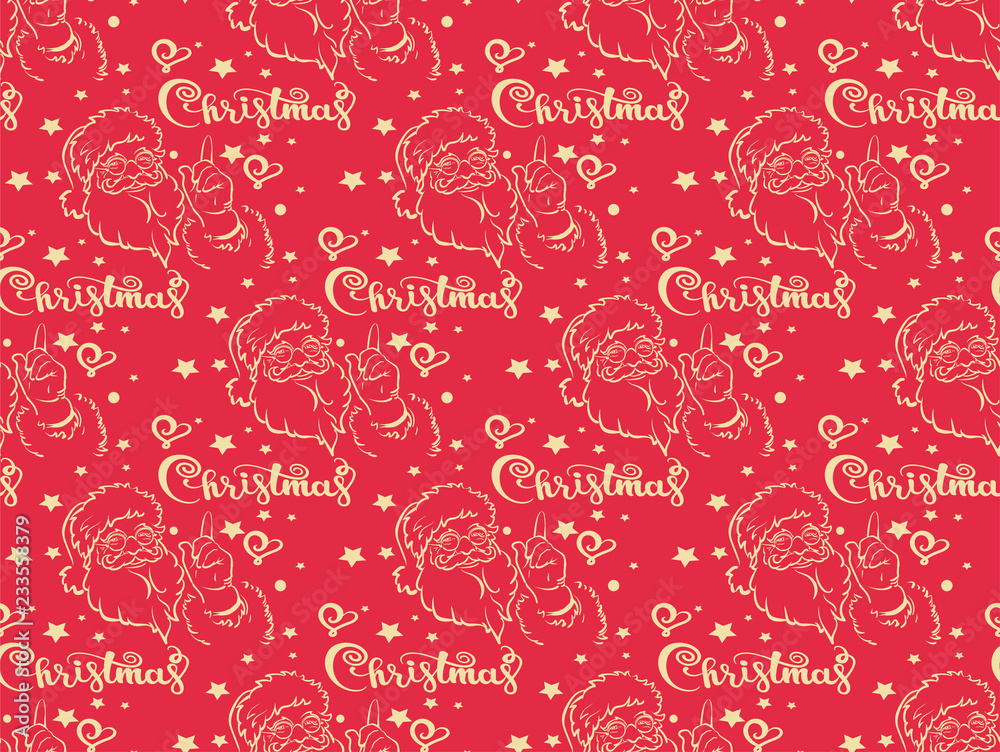 Naklejka premium Christmas background, seamless pattern, Santa Claus and calligraphy. Red Christmas wrapping paper. Retro. Vector illustration