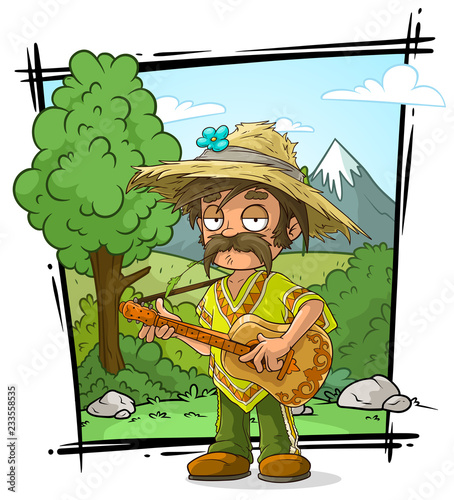 Cartoon farmer character in straw hat with guitar