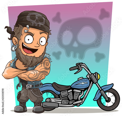 Cartoon biker in bandanna with blue motorbike