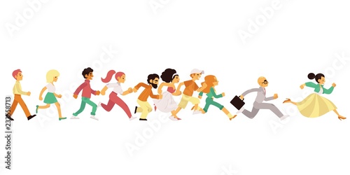 People of different age and gender running in flat style isolated on white background - vector illustration of side view of happy hurrying men and women moving forward fast.