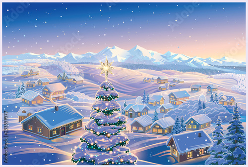 Festive illustration with winter village with a festive Christmas tree in the foreground and Evening landscape with mountains and forests in the snow in the distance.