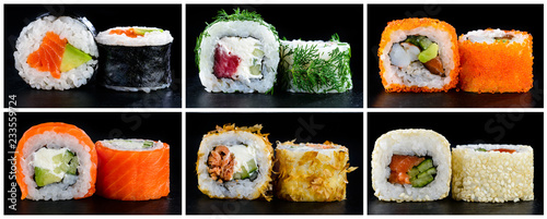 Set of sushi close up different on dark background collage