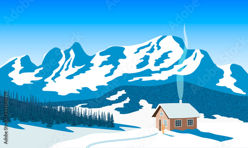 Winter mountains landscape with house, skies, snow, sun light, chimney smoke, forest, ski run.