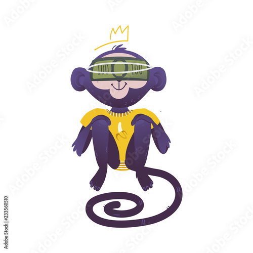 Vector illustration of monkey dont see because his eyes tied by green banknotes of one hundred in flat style isolated on white background - animal with covered with money eyes imagine crown.